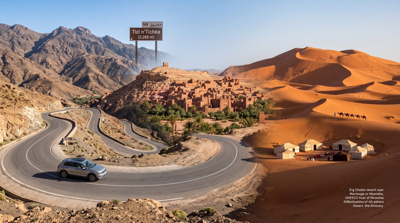 Driving scenic mountain pass in the High Atlas towards the Sahara dunes Morocco